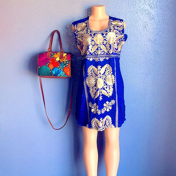 Floral Embroidered Artisan Royal Blue Tunic - Picture 1 of 12
